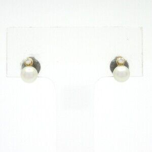 Mikimoto Earrings 18K Yellow Gold Diamond Pearl White Pearl